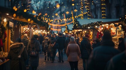 Crowds of people walking along a street decorated with Christmas lights and decorations during the holiday season