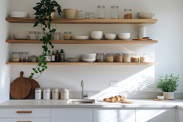 Obraz na płótnie Canvas Minimalist kitchen with floating shelves, soft white and beige tones, bathed in Melbourne's morning light, emphasizing spacious simplicity