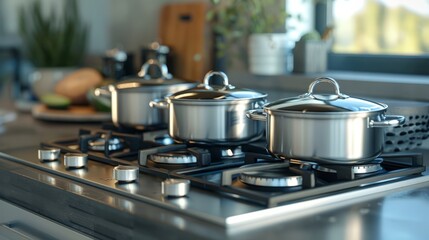 Fototapeta na wymiar Designer Kitchen Pots Elegantly Displayed on a Gas Range Cooktop