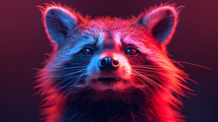 A raccoon with a pink nose and red fur is staring at the camera