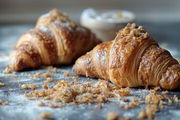 Rustic Croissant Delight: Scattered Crumbs and Butter in Every Bite