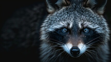 A raccoon with a blue eye stares at the camera