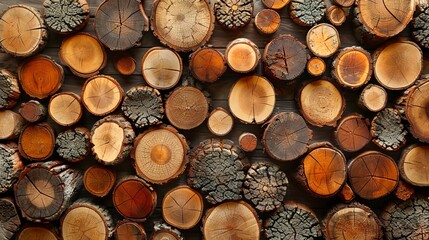 Fototapeta premium A wall of wood slices with different sizes.