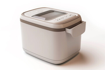 A compact bread maker with a removable kneading paddle and a viewing window isolated on a solid white background.