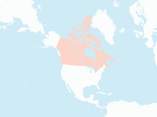Pink detailed blank political map of CANADA with blue water surfaces using orthographic projection of the white North American continent