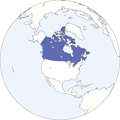 Blue blank political map of CANADA with light blue ocean surfaces on Earth globe background using orthographic projection of the white North American continent
