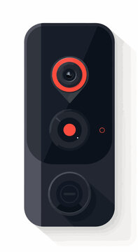 a black speaker with a red button on it