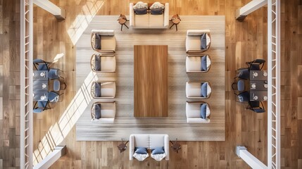 Overhead view of an organized living room and dining room with a symmetrical layout