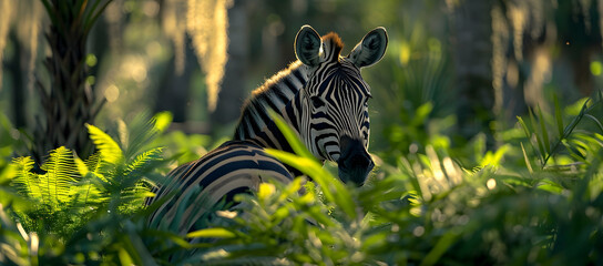 A baby zebra in the thickets of an African savannah, morning light