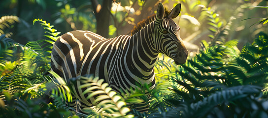 A majestic zebra, its stripes shimmering in the sunlight as it roams through an ancient forest filled with towering ferns and lush greenery