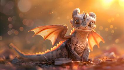 A cute baby dragon bathed in the warm glow of sunlight