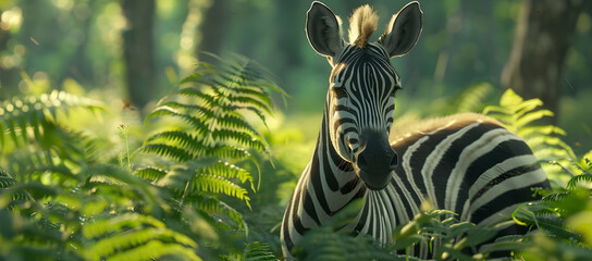 an elegant zebra stands among lush green ferns under dappled sunlight.