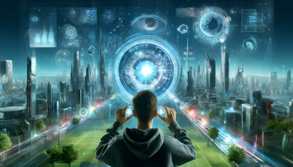 Visionary Controlling a Futuristic Urban Interface with Advanced Technology Holograms Overlooking a Megacity