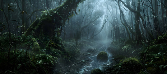a dark fantasy misty swamp, moss and vines cover the ground, gnarled trees in the background - Powered by Adobe