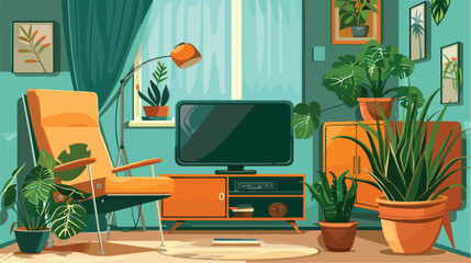 Comfortable chair tv and house plants. Vector flat style