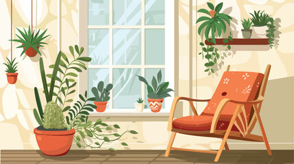 Fototapeta na wymiar Comfortable chair window and house plants. Vector fla