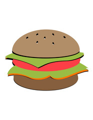 A cartoon hamburger with lettuce and tomato