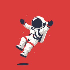 an astronaut floating in the air on a red background