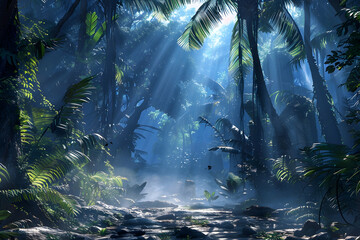 An enchanted jungle scene with towering trees, exotic wildlife and rays of sunlight piercing through the canopy