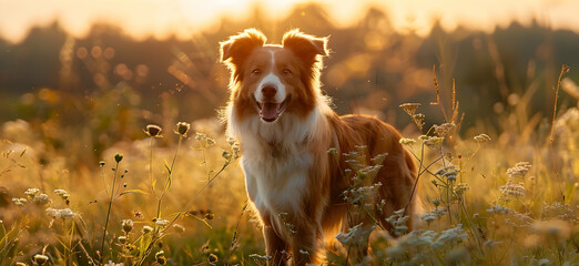 A red and white border collie stands in a field, bathed in golden sunlight, smiling at the camera