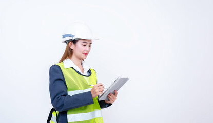 Happy woman engineer worker working with digital tablet on white background.