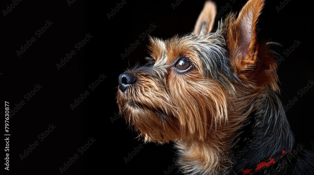 Poster A small dog with brown and black fur is looking up at the camera