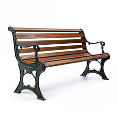Wooden park bench with a dark green metal frame isolated on a white background