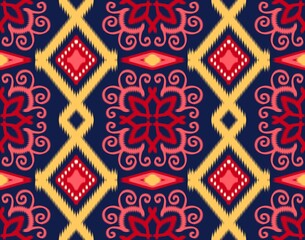 Seamless ikat pattern geometric Abstract folklore ornament Tribal ethnic illustration background - obrazy, fototapety, plakaty