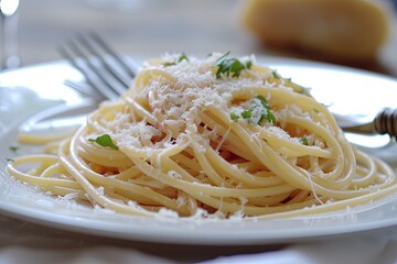 Enchanting Italian Dinner: Spaghetti Elegance with Fresh Ingredients in Warm Atmosphere