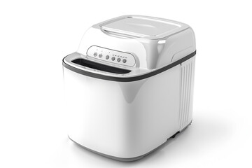 A compact bread maker with a white exterior and a removable non-stick bread pan isolated on a solid white background.