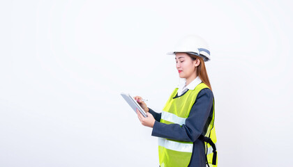 Happy woman engineer worker working with digital tablet on white background.