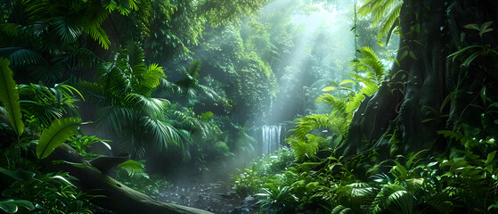 A dense jungle with lush green foliage, towering trees and a small waterfall cascading down the side of one tree
