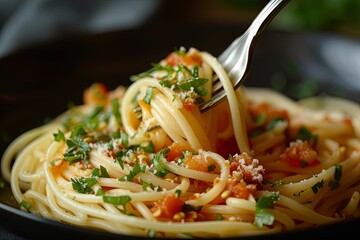 Savoring Traditions in a Spaghetti Sonata: Close-Up Dynamics of Flavor and Texture - obrazy, fototapety, plakaty
