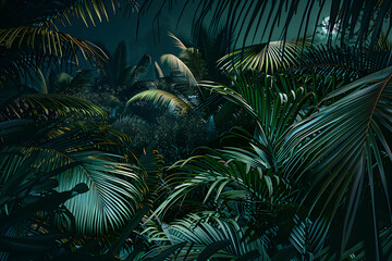 A dark jungle with giant palm leaves, at night, green light from the moonlight illuminates small...