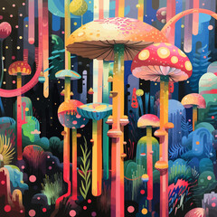 a painting of many different types of mushrooms