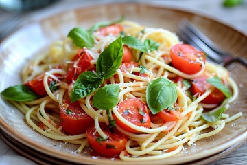Savoring the Fresh Flavors: Spaghetti with Tomatoes and Basil on Ceramic Plate