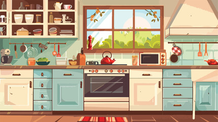 Cozy interior kitchen in rustic style with window. Vector