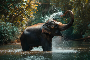 An elephant splashing water on itself in the river, surrounded by lush greenery and trees