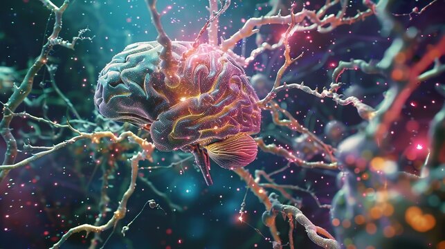 a representation of the human brain. The brain is surrounded by neurons and synapses, which are responsible for transmitting electrical signals throughout the brain. The brain is also sur
