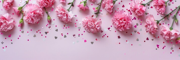 Mother's Day fashionable layout: Overhead shot of fresh carnations, sentimental message, tiny hearts, and confetti on a delicate lilac surface, with blank space for words or adverts