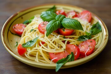 Timeless Elegance: Spaghetti, Fresh Basil, Ripe Tomatoes on Ceramic Plate