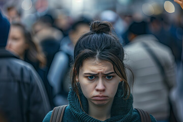 Panic attack in public place. Woman having panic disorder in city. Psychology, solitude, fear or mental health problems concept. Depressed sad person surrounded by people walking in busy street