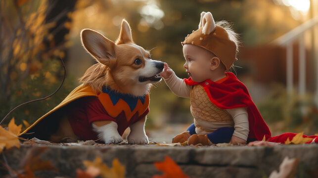 A baby dressed in a Superman costume is crawling towards a Corgi dog dressed in a Batman costume.

