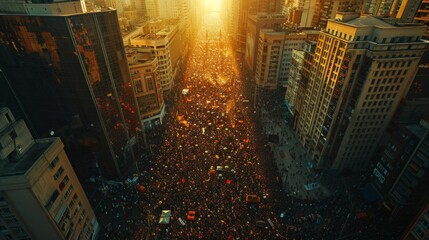 Aerial view of a massive protest gathering in a city square, illustrating the scale and impact of...