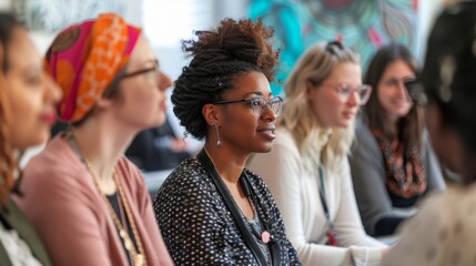 A diverse group of women sitting closely together, engaged in conversation and sharing stories during a panel discussion or event