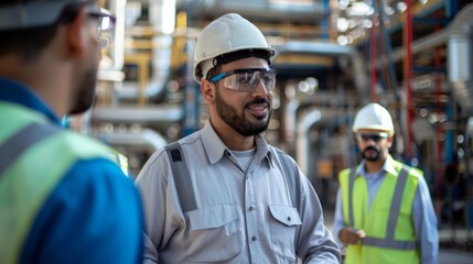 A group of men, wearing hard hats and safety glasses, are gathered at an oil rig while a Middle Eastern engineer discusses plans with them
