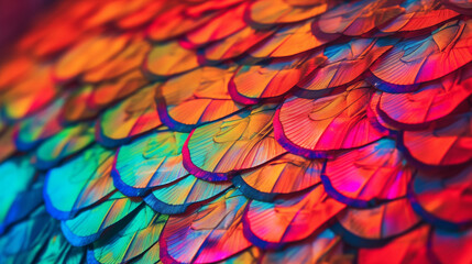 A colorful feather with a rainbow pattern