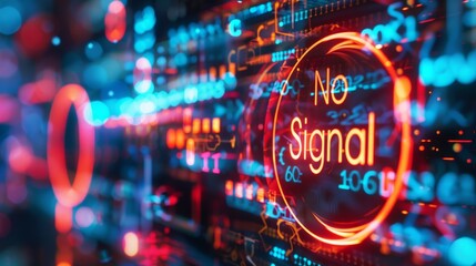 Close-up of a neon sign displaying the words no signal in holographic form with bright colors and futuristic design elements - Powered by Adobe