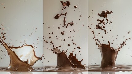 A composite showcasing three shots of chocolate being poured into a glass, capturing the initial...
