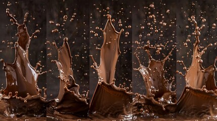 A series of photos capturing chocolate splashing into water at different stages from impact to...